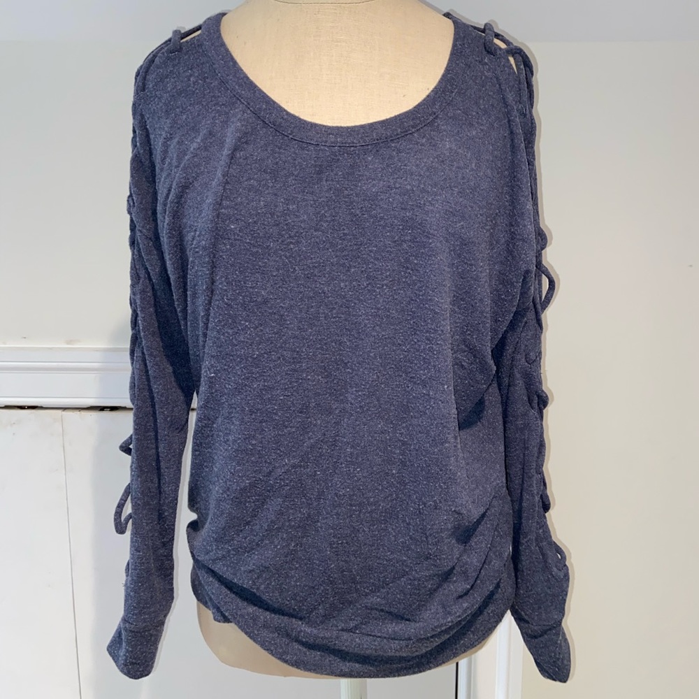 Blue loungewear top with tie sleeve design